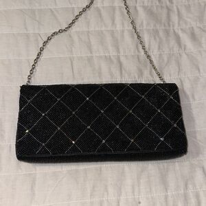 franchi Vintage Black Pearly Blue Silver Tone Chain Beaded Evening Bag Clutch